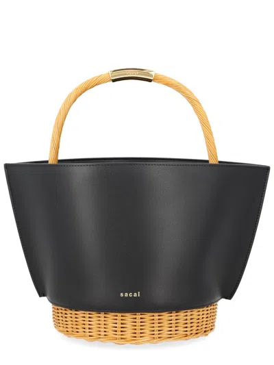 Sacai "leather X Rattan Bucket" Bag In Black