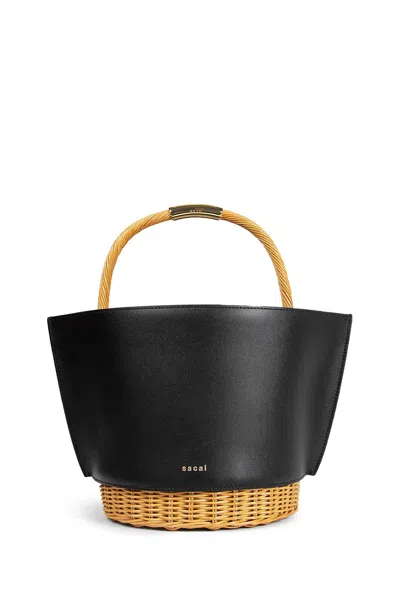 Sacai Leather X Rattan Medium Basket In Black