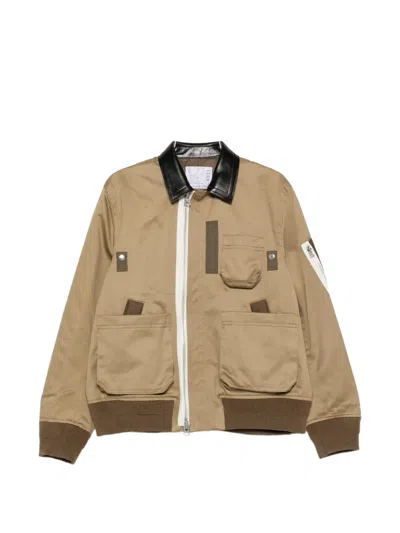Sacai Jacket Contrast Collar Front Pockets Ribbed In Brown