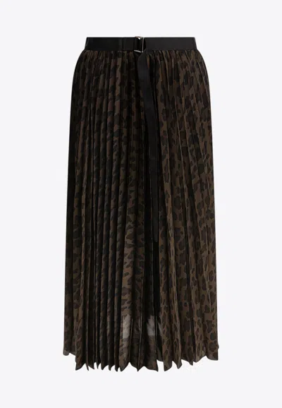 Sacai Leopard Print Pleated Midi Skirt In Black