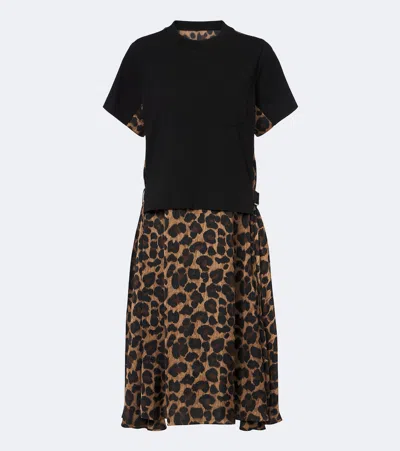 Sacai Leopard-print Cotton Jersey Midi Dress In Black
