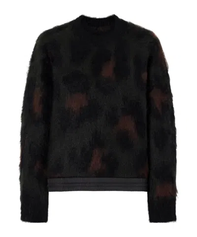Sacai Green Leopard Mohair Knit Pullover Sweater In Black