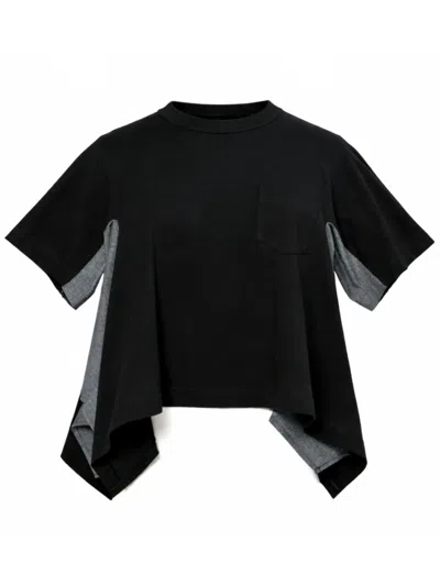 Sacai Lightweight Denim T-shirt With Asymmetrical Hem In Black