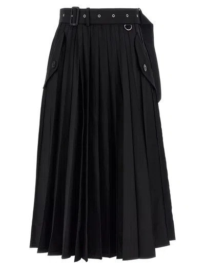 Sacai Long Pleated Skirt In Black