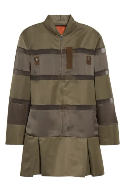 Sacai Long Sleeve Colorblock Stripe Mixed Media Bomber Dress In Taupe