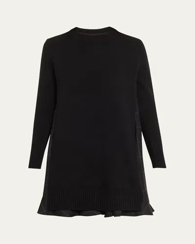 Sacai Long-sleeve Knit Mini Dress With Windowpane Print Underlay In Black