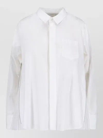Sacai Long Sleeve Top Front Pocket Pleated Detail In White