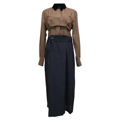 Sacai Long Sleeve Two-piece Set Accent Midi Dress In Brown And Navy Blue Polyester