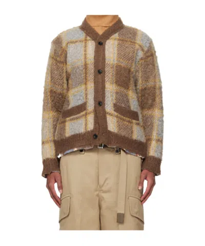 Sacai Brown Plaid Knit Cardigan In 601 Brown