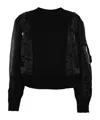 Sacai Crewneck Sweater With Satin Panels And Zip Pocket In Black