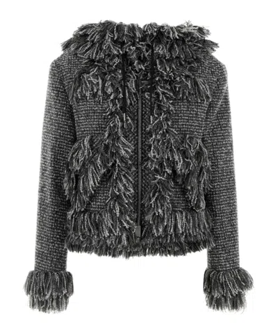 Sacai Fringe-trimmed Tweed Jacket In Gray