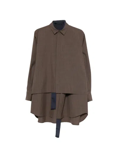 Sacai Long-sleeve Layered Mini Shirt Dress In Black