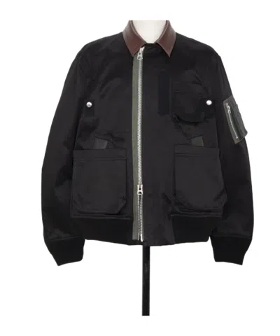 Sacai Utility Bomber Jacket With Leather Details In Black