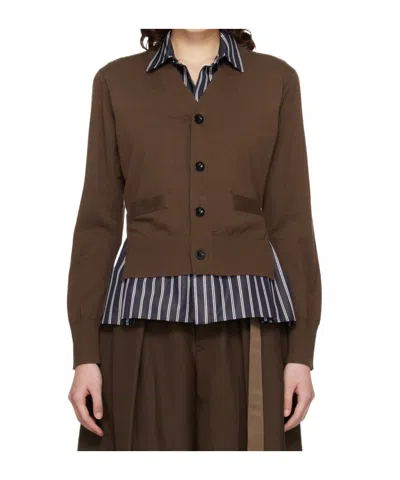 Sacai Long-sleeved Patchwork Cardigan In Brown