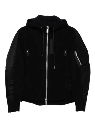 SACAI MATTE AND SHINY BLACK SWEATSHIRT WITH ZIP DETAILS