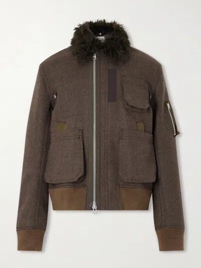 Sacai Melton Plush-trimmed Wool Blouson Jacket In Brown