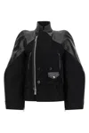 Sacai Leather Panelled Double Breasted Wool Jacket In Black