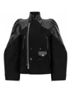 Sacai Leather Panelled Double Breasted Wool Jacket In Black