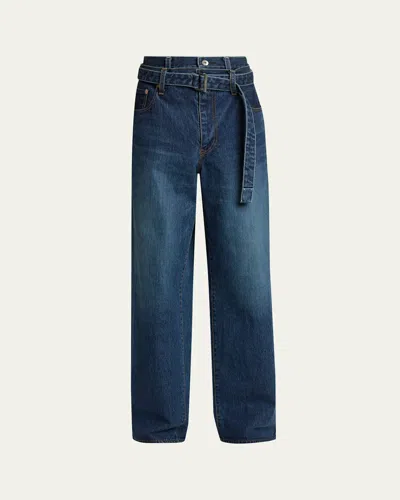 Sacai Men's Belted Double Waistband Jeans In Blue