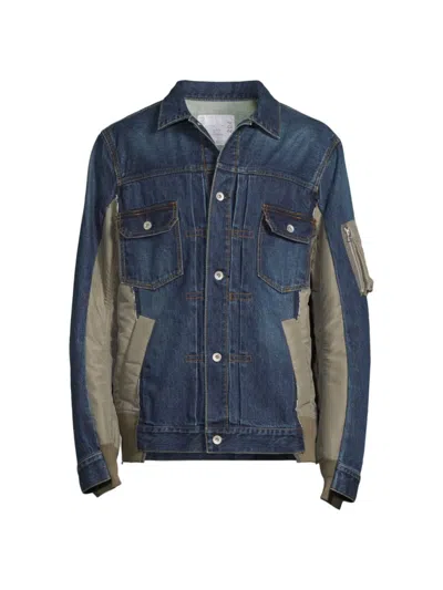 Sacai Distressed Shell-trimmed Denim Jacket In Blue