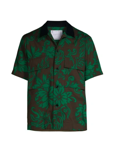 Sacai Men's Floral Button-front Shirt In Green