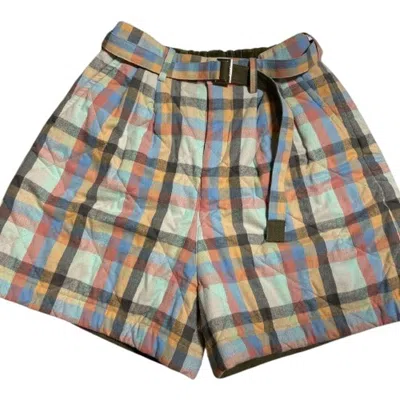 Sacai Men's Multi Plaid Quilted Shorts In Green