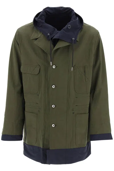 SACAI MEN'S REVERSIBLE COTTON BLEND OVERCOAT WITH