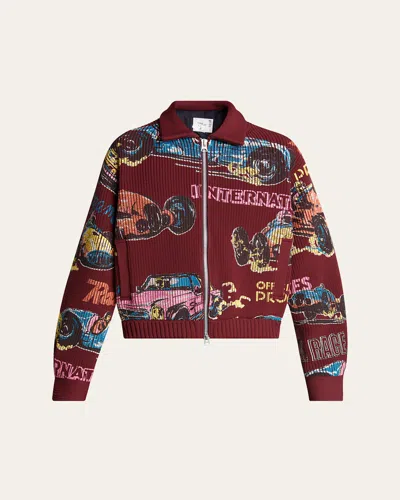 Sacai Men's Ribbed Car Race-print Blouson Jacket In 701 Bordeaux