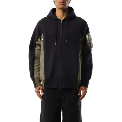 Sacai Men's Sponge Sweat Nylon Twill Zip Hoodie In Navy/khaki