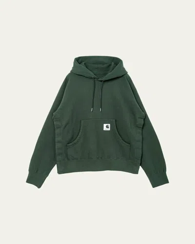 Sacai Men's Washed Cotton Hoodie With Label In Green