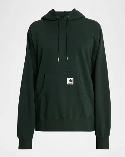 Sacai Men's Washed Cotton Hoodie With Label In Green