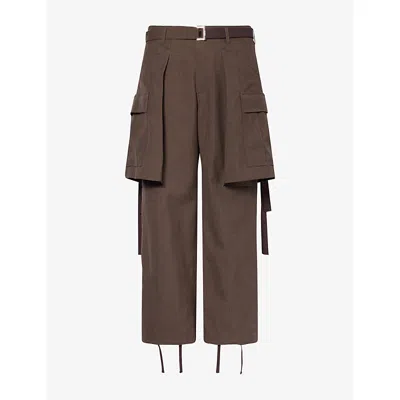 Sacai Mens Belted Wool Trousers Brown