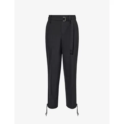 Sacai Mens Black Belted High-waisted Wool-blend Trousers