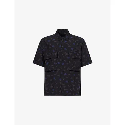Sacai Mens Black Floral-print Short-sleeve Cotton-blend Shirt