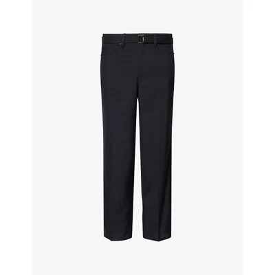 Sacai Mens Black Straight-leg Belted Wool And Cupro Suiting Trousers