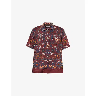 Sacai Mens Bordeaux Floral-print Short Sleeve Woven Shirt In Burgundy