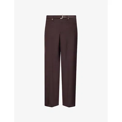Sacai Mens Brown Straight-leg Belted Wool And Cupro Suiting Trousers