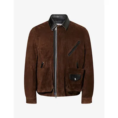Sacai Mens Contrast-collar Suede Jacket Brown