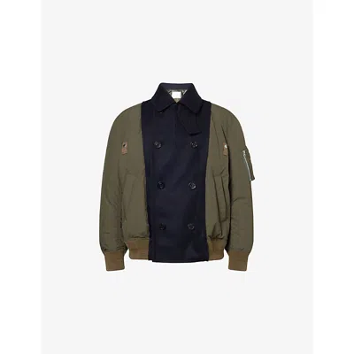 SACAI MENS CONTRAST-PANEL RELAXED-FIT SHELL-DOWN JACKET D/NAVY X KHAKI