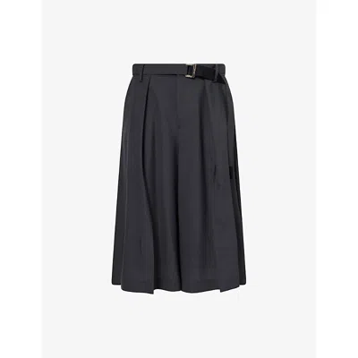 Sacai Mens Gray Cropped Wide-leg Wool-blend Trousers In Black