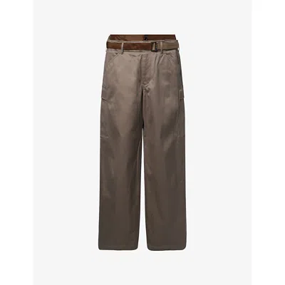 Sacai Mens Gray Layered-waistband Belted Cotton And Nylon Trousers In Brown