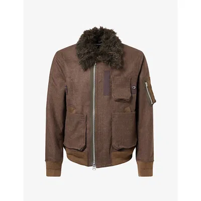 Sacai Mens Melton Collared Wool Bomber Jacket Brown Xs