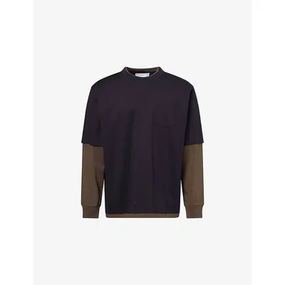 Sacai Mens Navy X Khaki Layered Long-sleeve Cotton T-shirt In Blue