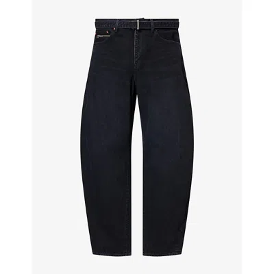 Sacai Mens  Belted Barrel-leg Denim Jeans In Black