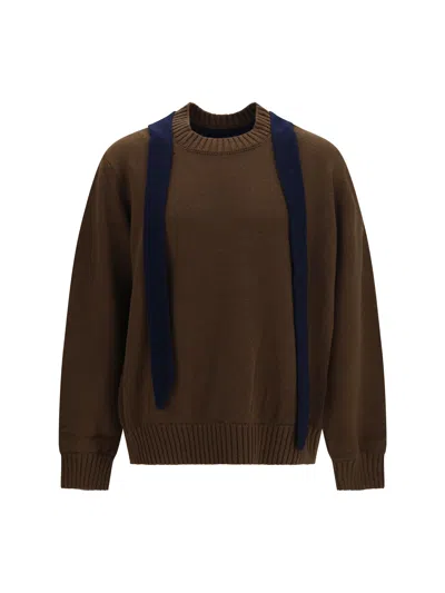 Sacai Merino Wool With Integrated Scarf Sweater In Brown