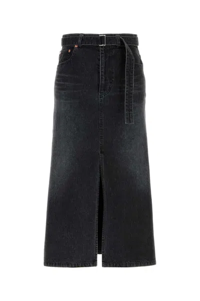 Sacai Midi Denim With Belt Denim Skirt In Black