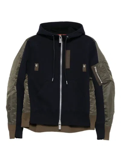 SACAI MIDNIGHT BLUE ZIP-THROUGH HOODIE WITH CONTRASTING OLIVE SATIN SLEEVES