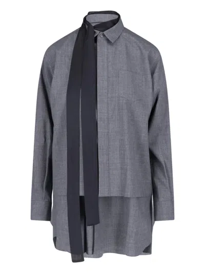 Sacai Mini Chemisier Dress With Removable Scarf Detail And Classic Collar In Gray