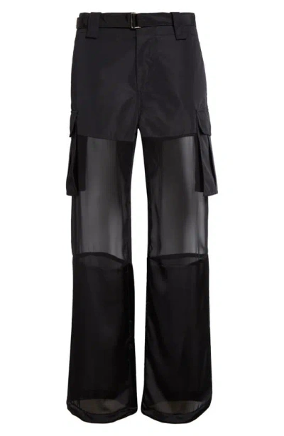 Sacai Sheer Panel Belted Cargo Drawcord Pants In Black