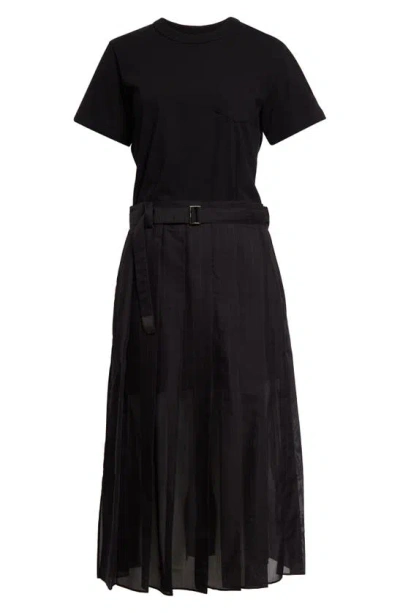 Sacai Mixed Media Belted Dress In Black X Navy